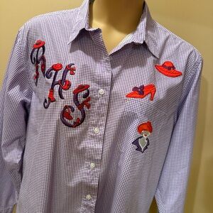 RED Hat Lady Get Lucky USA purple plaid button down women’s shirt extra large